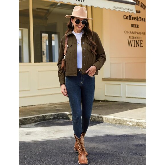 Women Coffee Corduroy Cropped Shacket Button Down Long Sleeve Casual Coat - Picture 2 of 6